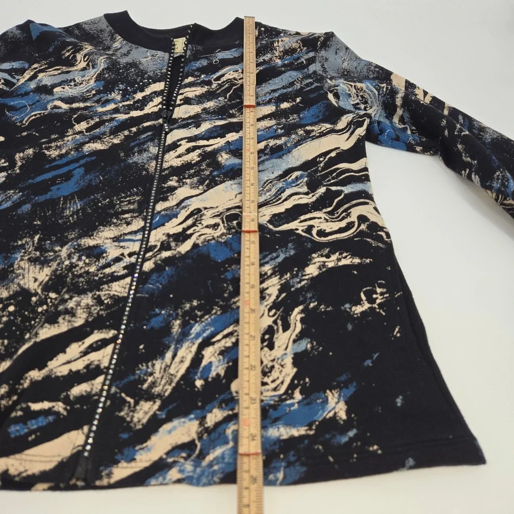 Jess & Jane Jacket Women S Blue Waves Full‎ Zip Rhinestone Abstract Artsy Casual